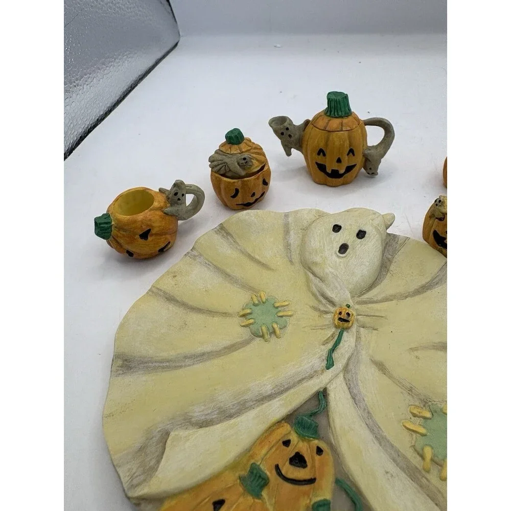 Vintage MINIATURE Decorative Halloween Jack O Lantern JOL & Ghost Tea Set